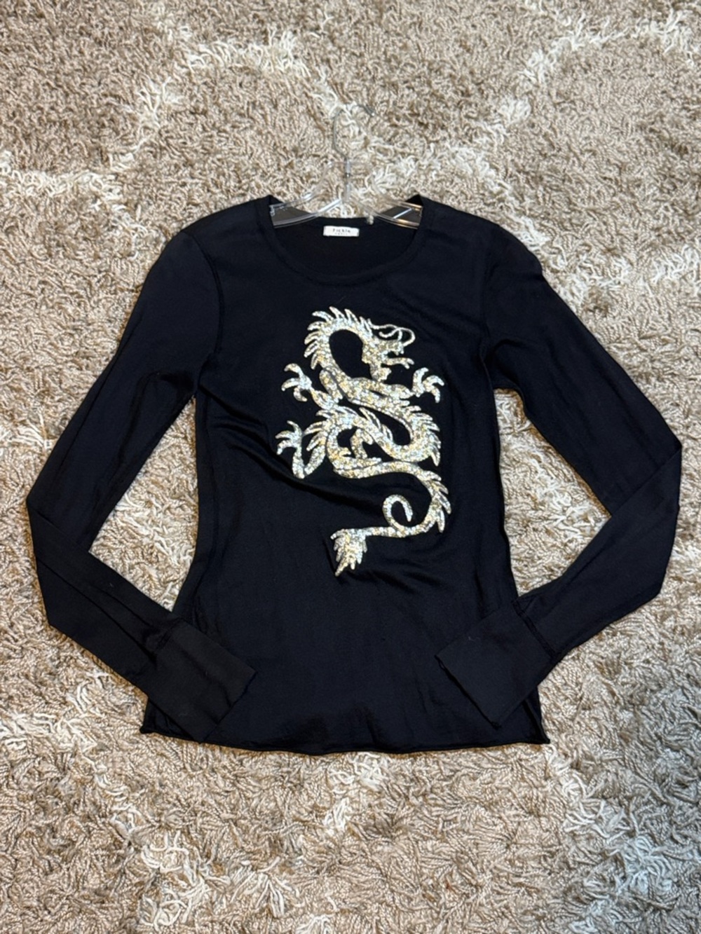 Fickle Black Long Sleeve Tee with Gold Sequin Dragon Applique size Small